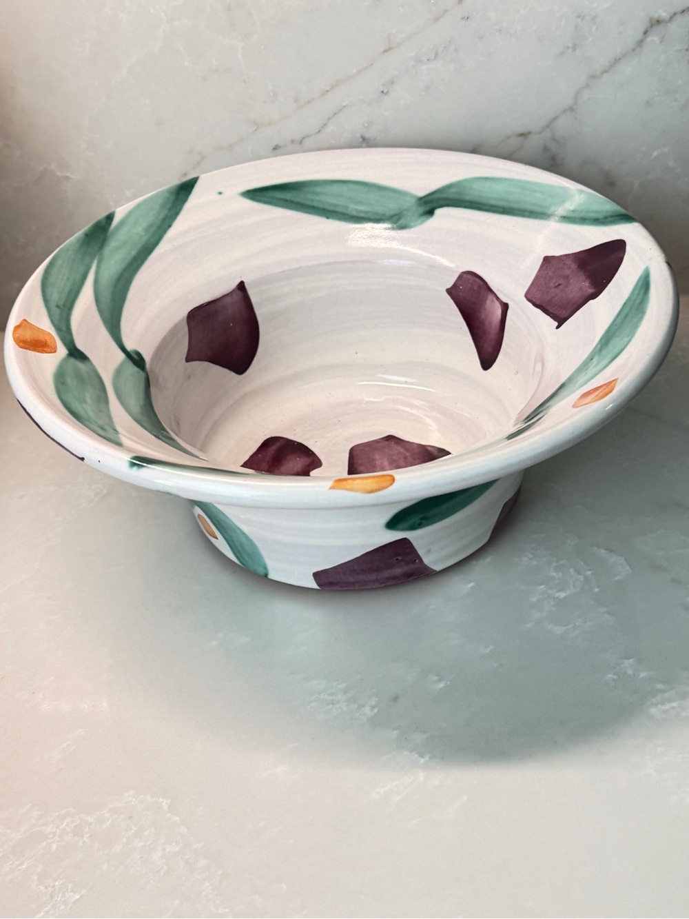 Hand-Painted Ceramic Bowl in White with Green and Purple Accents